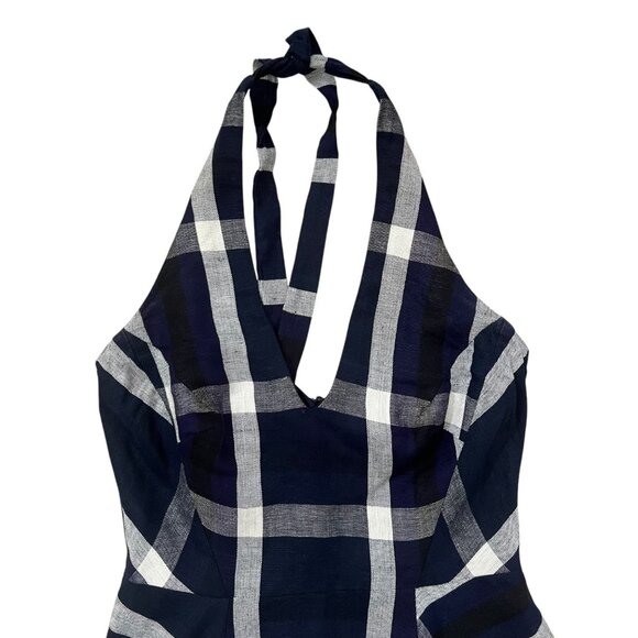 Eva Franco Plaid Halter Linen Blend Knee Length Dress Navy Size 2 - Picture 3 of 15